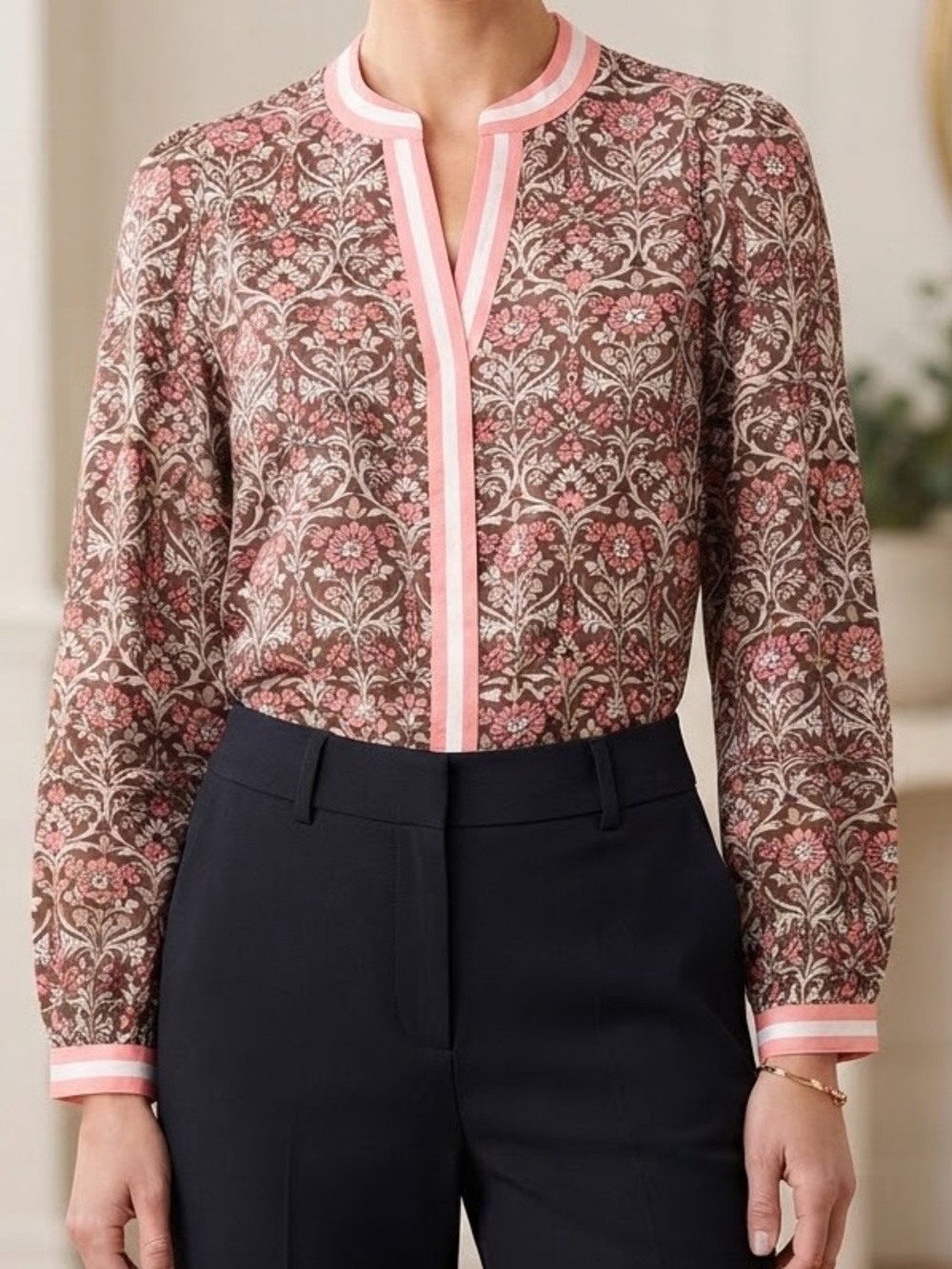 Mary Square Coral & Brown Floral Top with Coral & White Banded Neckline - Picture 4 of 16
